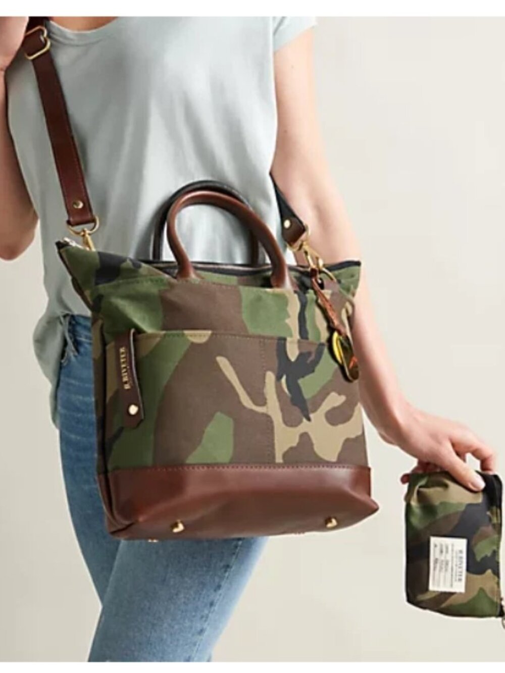 R. Riveter Carry All Crossbody Canvas Tote Bag & Zipper Pouch Camo + Brown Otto